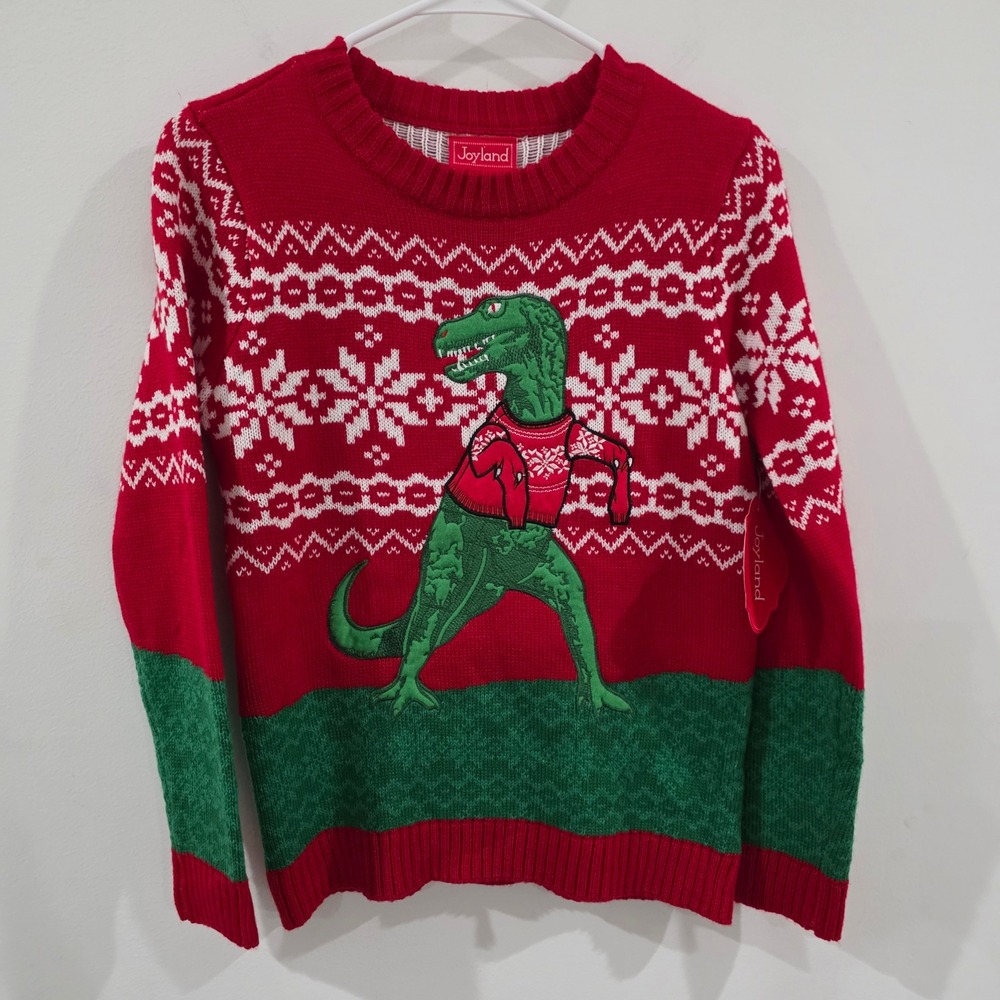 Joyland Womens Ugly Chrismtas Sweater Size Medium Red Dinosaur Fair Isle Holiday